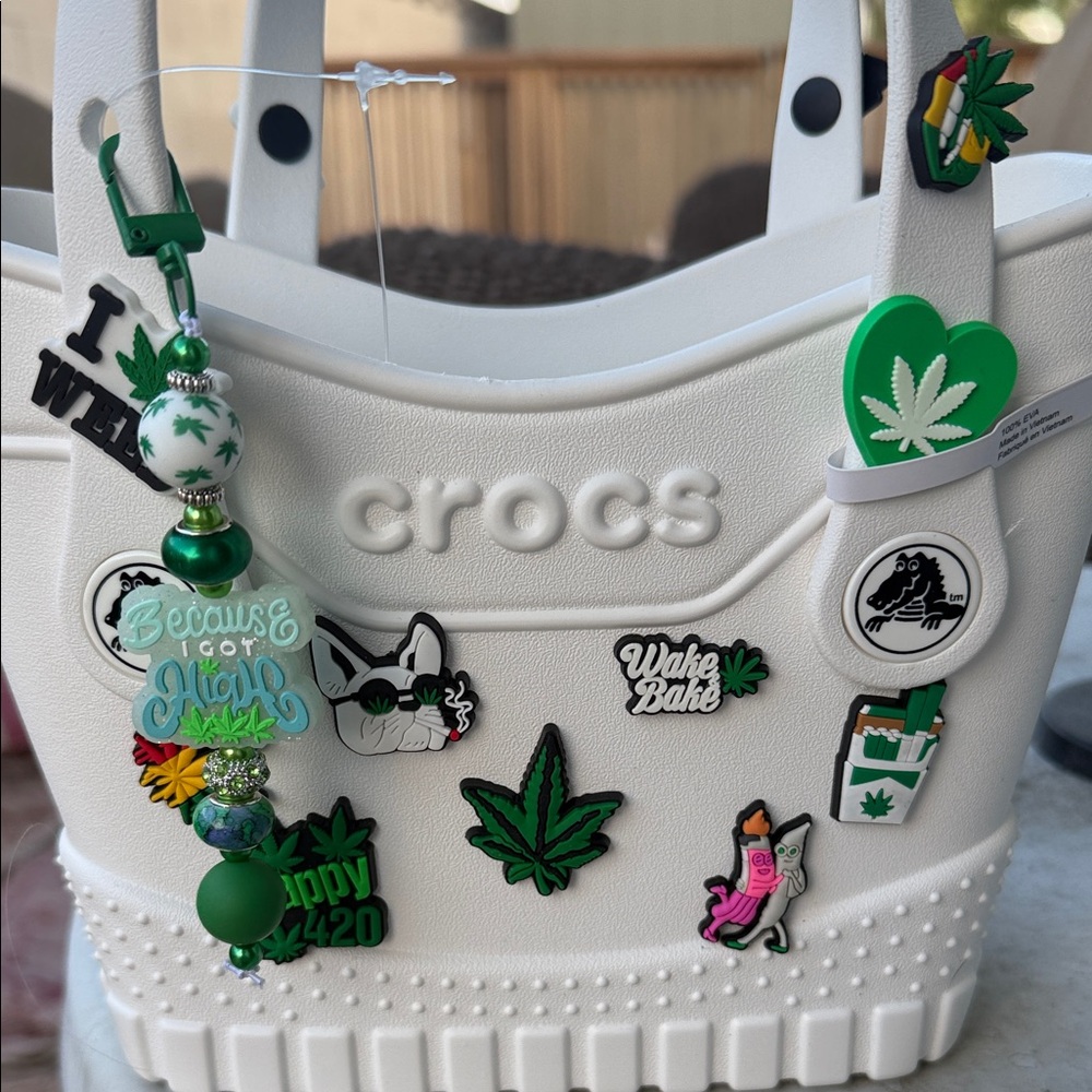 CROCS White micro Tote Bag with Green Charms